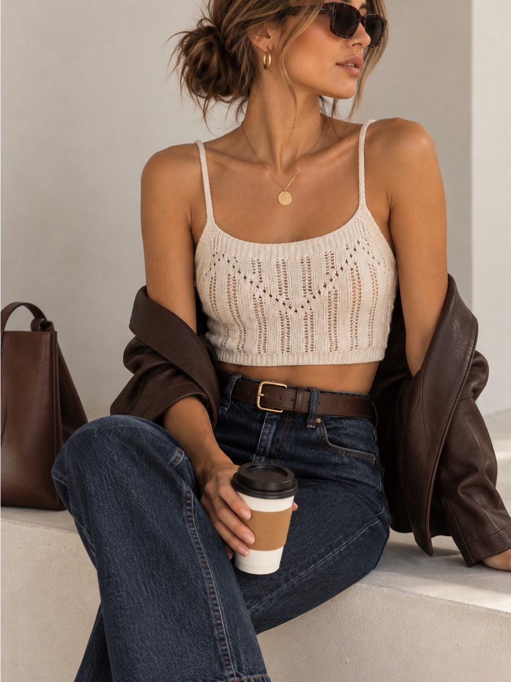 Freshman 1996 Cream Open Knit Crochet Crop Tank Top Size S